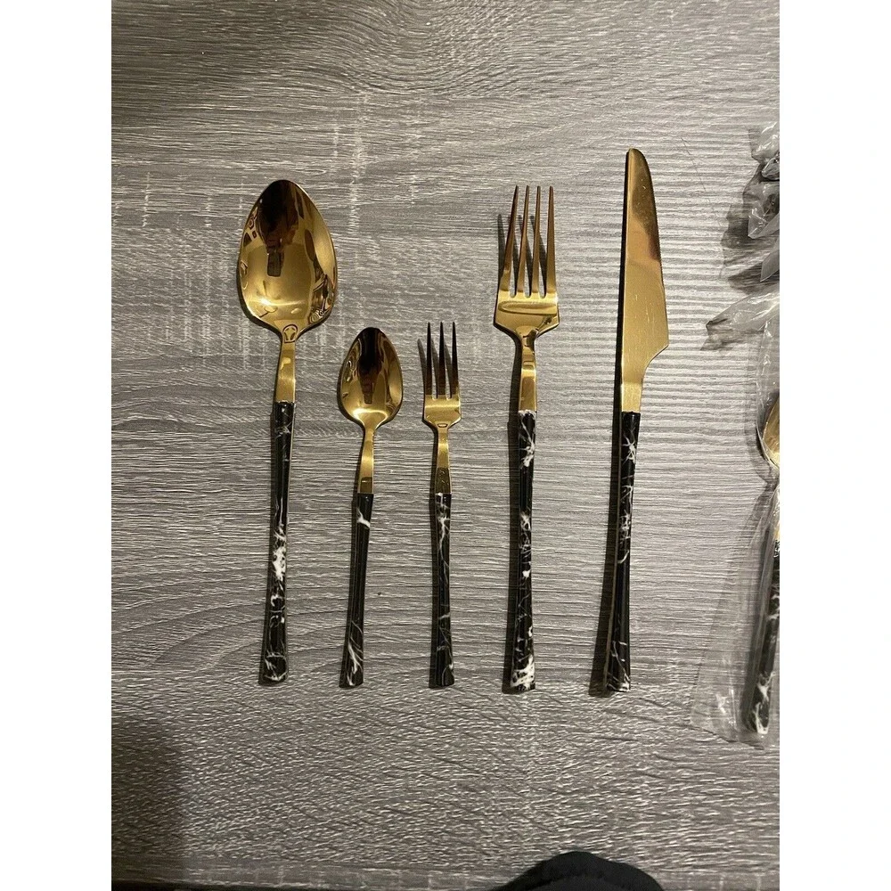 20 Piece Faux Black Marbled Handles & Gold Stainless Steel Silverware Set